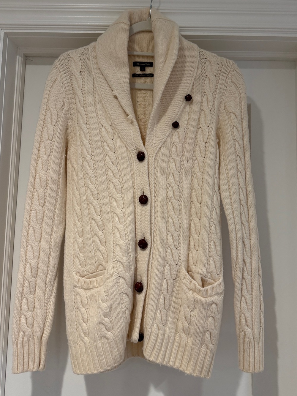 Massimo Dutti Cream Cable Shawl-Collar Cardigan with Brown Buttons